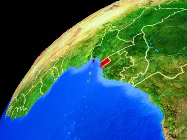 Uzaydan Ekvator Ginesi. Ülke sınırları ve gezegen yüzeyinin son derece yüksek detay ile Dünya gezegeni. 3d illüstrasyon. Nasa tarafından döşenmiş bu görüntünün elemanları.