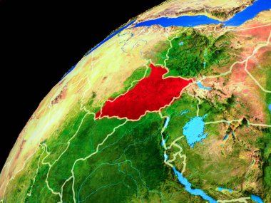 Uzaydan Güney Sudan. Ülke sınırları ve gezegen yüzeyinin son derece yüksek detay ile Dünya gezegeni. 3d illüstrasyon. Nasa tarafından döşenmiş bu görüntünün elemanları.