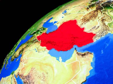 Uzaydan İran. Ülke sınırları ve gezegen yüzeyinin son derece yüksek detay ile Dünya gezegeni. 3d illüstrasyon. Nasa tarafından döşenmiş bu görüntünün elemanları.