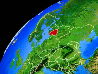 Uzaydan Litvanya. Ülke sınırları ve gezegen yüzeyinin son derece yüksek detay ile Dünya gezegeni. 3d illüstrasyon. Nasa tarafından döşenmiş bu görüntünün elemanları.