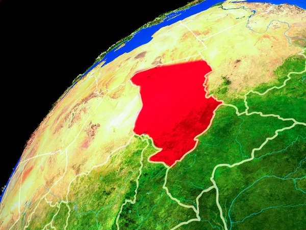 Uzaydan Çad. Ülke sınırları ve gezegen yüzeyinin son derece yüksek detay ile Dünya gezegeni. 3d illüstrasyon. Nasa tarafından döşenmiş bu görüntünün elemanları.