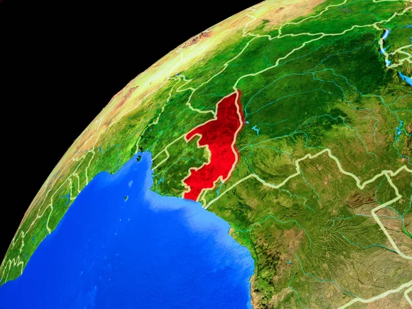 Uzaydan Kongo. Ülke sınırları ve gezegen yüzeyinin son derece yüksek detay ile Dünya gezegeni. 3d illüstrasyon. Nasa tarafından döşenmiş bu görüntünün elemanları.
