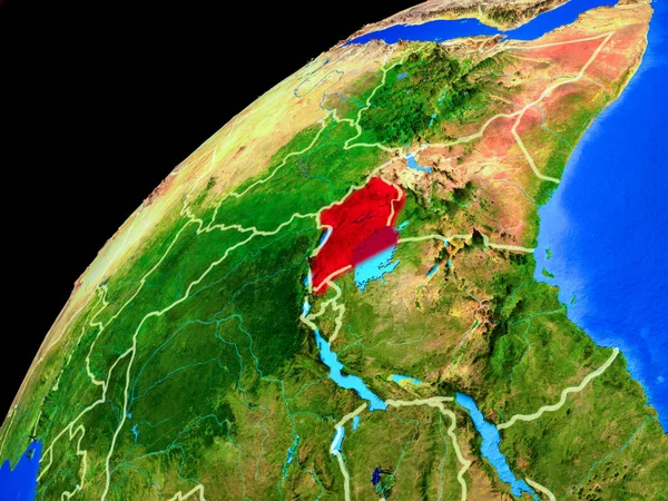 Uzaydan Uganda. Ülke sınırları ve gezegen yüzeyinin son derece yüksek detay ile Dünya gezegeni. 3d illüstrasyon. Nasa tarafından döşenmiş bu görüntünün elemanları.