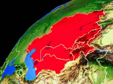 Uzaydan Orta Asya. Ülke sınırları ve gezegen yüzeyinin son derece yüksek detay ile Dünya gezegeni. 3d illüstrasyon. Nasa tarafından döşenmiş bu görüntünün elemanları.