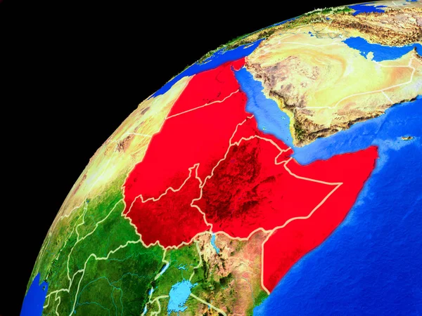 Northeast Africa from space. Planet Earth with country borders and extremely high detail of planet surface. 3D illustration. Elements of this image furnished by NASA.