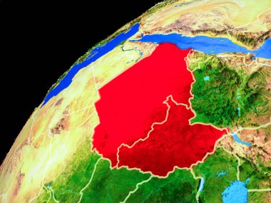 Uzaydan eski Sudan. Ülke sınırları ve gezegen yüzeyinin son derece yüksek detay ile Dünya gezegeni. 3d illüstrasyon. Nasa tarafından döşenmiş bu görüntünün elemanları.