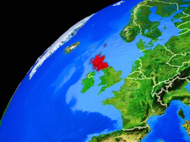 Uzaydan İskoçya. Ülke sınırları ve gezegen yüzeyinin son derece yüksek detay ile Dünya gezegeni. 3d illüstrasyon. Nasa tarafından döşenmiş bu görüntünün elemanları.