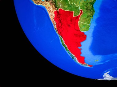 Arjantin gerçekçi bir model ülke sınırları ve çok detaylı gezegenin yüzeyi ile dünya gezegeni üzerinde. 3D çizim. Nasa tarafından döşenmiş bu görüntü unsurları.
