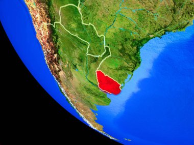 Uruguay gerçekçi bir model ülke sınırları ve çok detaylı gezegenin yüzeyi ile dünya gezegeni üzerinde. 3D çizim. Nasa tarafından döşenmiş bu görüntü unsurları.
