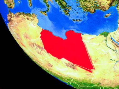 Libya gerçekçi bir model ülke sınırları ve çok detaylı gezegenin yüzeyi ile dünya gezegeni üzerinde. 3D çizim. Nasa tarafından döşenmiş bu görüntü unsurları.