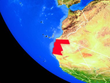 Batı Sahra gerçekçi bir model ülke sınırları ve çok detaylı gezegenin yüzeyi ile dünya gezegeni üzerinde. 3D çizim. Nasa tarafından döşenmiş bu görüntü unsurları.