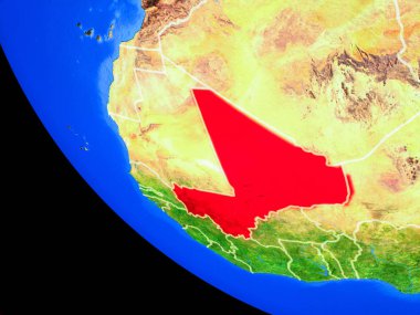 Mali gerçekçi bir model ülke sınırları ve çok detaylı gezegenin yüzeyi ile dünya gezegeni üzerinde. 3D çizim. Nasa tarafından döşenmiş bu görüntü unsurları.