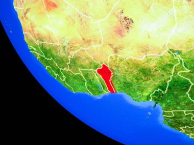 Benin gerçekçi bir model ülke sınırları ve çok detaylı gezegenin yüzeyi ile dünya gezegeni üzerinde. 3D çizim. Nasa tarafından döşenmiş bu görüntü unsurları.