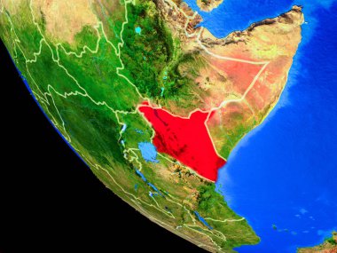 Kenya ülke sınırları ve çok detaylı gezegenin yüzeyi ile Dünya gezegeninin gerçekçi model üzerinde. 3D çizim. Nasa tarafından döşenmiş bu görüntü unsurları.