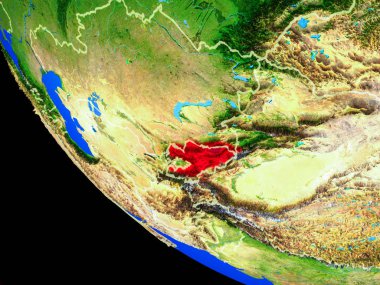 Kırgızistan gerçekçi bir model ülke sınırları ve çok detaylı gezegenin yüzeyi ile dünya gezegeni üzerinde. 3D çizim. Nasa tarafından döşenmiş bu görüntü unsurları.
