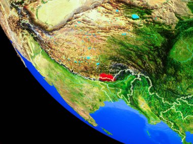 Bhutan gerçekçi bir model ülke sınırları ve çok detaylı gezegenin yüzeyi ile dünya gezegeni üzerinde. 3D çizim. Nasa tarafından döşenmiş bu görüntü unsurları.