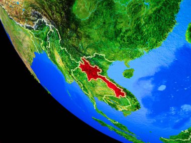 Laos gerçekçi bir model ülke sınırları ve çok detaylı gezegenin yüzeyi ile dünya gezegeni üzerinde. 3D çizim. Nasa tarafından döşenmiş bu görüntü unsurları.