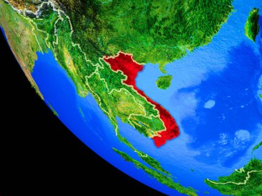 Vietnam gerçekçi bir model ülke sınırları ve çok detaylı gezegenin yüzeyi ile dünya gezegeni üzerinde. 3D çizim. Nasa tarafından döşenmiş bu görüntü unsurları.