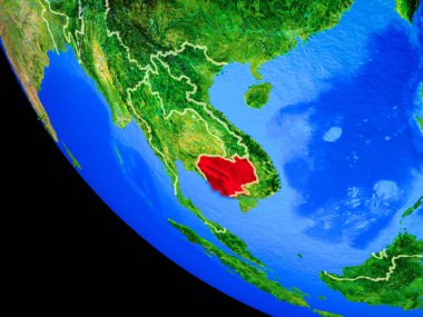 Kamboçya gerçekçi bir model ülke sınırları ve çok detaylı gezegenin yüzeyi ile dünya gezegeni üzerinde. 3D çizim. Nasa tarafından döşenmiş bu görüntü unsurları.