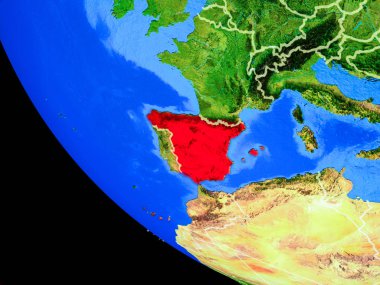 İspanya ülke sınırları ve çok detaylı gezegenin yüzeyi ile Dünya gezegeninin gerçekçi model üzerinde. 3D çizim. Nasa tarafından döşenmiş bu görüntü unsurları.