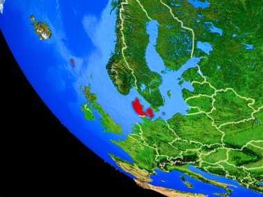 Danimarka gerçekçi bir model ülke sınırları ve çok detaylı gezegenin yüzeyi ile dünya gezegeni üzerinde. 3D çizim. Nasa tarafından döşenmiş bu görüntü unsurları.