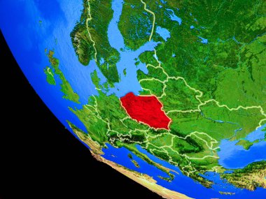Polonya ülke sınırları ve çok detaylı gezegenin yüzeyi ile Dünya gezegeninin gerçekçi model üzerinde. 3D çizim. Nasa tarafından döşenmiş bu görüntü unsurları.