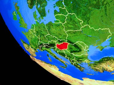 Macaristan ülke sınırları ve çok detaylı gezegenin yüzeyi ile Dünya gezegeninin gerçekçi model üzerinde. 3D çizim. Nasa tarafından döşenmiş bu görüntü unsurları.