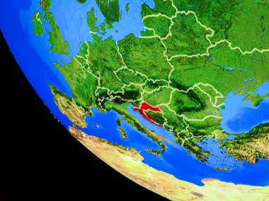 Hırvatistan ülke sınırları ve çok detaylı gezegenin yüzeyi ile Dünya gezegeninin gerçekçi model üzerinde. 3D çizim. Nasa tarafından döşenmiş bu görüntü unsurları.