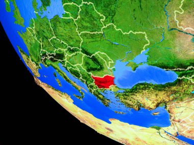 Bulgaristan ülke sınırları ve çok detaylı gezegenin yüzeyi ile Dünya gezegeninin gerçekçi model üzerinde. 3D çizim. Nasa tarafından döşenmiş bu görüntü unsurları.