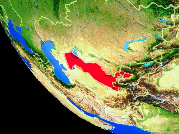 乌兹别克斯坦在现实的模型上的行星地球与国家边界和非常详细的行星表面 美国宇航局提供的这张图片的元素 — 图库照片