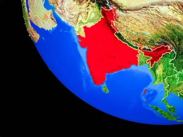 India on realistic model of planet Earth with country borders and very detailed planet surface. 3D illustration. Elements of this image furnished by NASA.