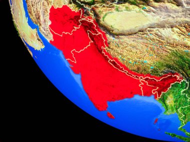 Güney Asya gerçekçi bir model ülke sınırları ve çok detaylı gezegenin yüzeyi ile dünya gezegeni üzerinde. 3D çizim. Nasa tarafından döşenmiş bu görüntü unsurları.