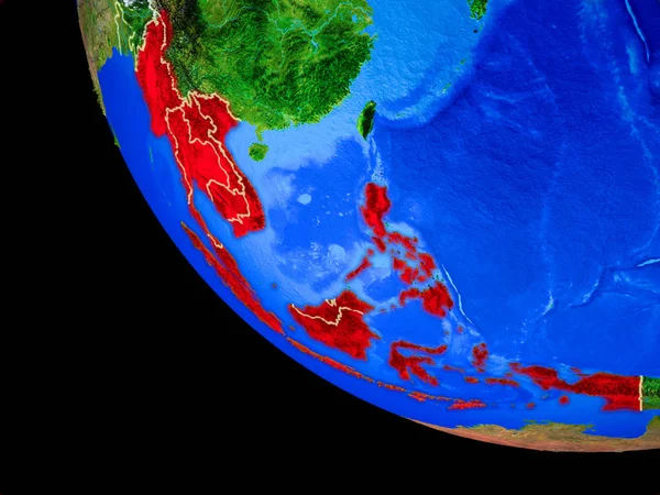 South East Asia on realistic model of planet Earth with country borders and very detailed planet surface. 3D illustration. Elements of this image furnished by NASA.