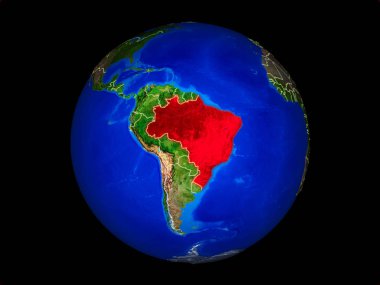 Brezilya ülke sınırları ile gezegen dünya üzerinde. Son derece detaylı gezegen yüzeyi. 3d illüstrasyon. Nasa tarafından döşenmiş bu görüntünün elemanları.