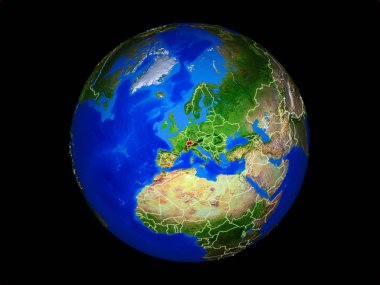 İsviçre ülke sınırları ile gezegen dünya üzerinde. Son derece detaylı gezegen yüzeyi. 3d illüstrasyon. Nasa tarafından döşenmiş bu görüntünün elemanları.