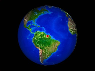 Ülke sınırları ile dünya gezegeninde Surinam. Son derece detaylı gezegen yüzeyi. 3d illüstrasyon. Nasa tarafından döşenmiş bu görüntünün elemanları.