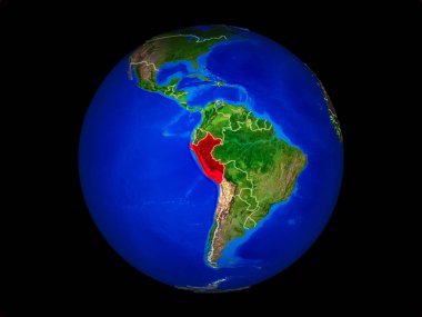 Peru ülke sınırları ile gezegen Dünya üzerinde. Son derece detaylı gezegen yüzeyi. 3d illüstrasyon. Nasa tarafından döşenmiş bu görüntünün elemanları.