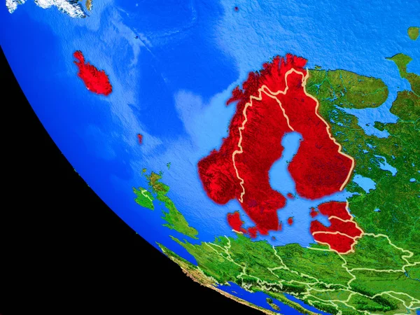 Northern Europe on realistic model of planet Earth with country borders and very detailed planet surface. 3D illustration. Elements of this image furnished by NASA.