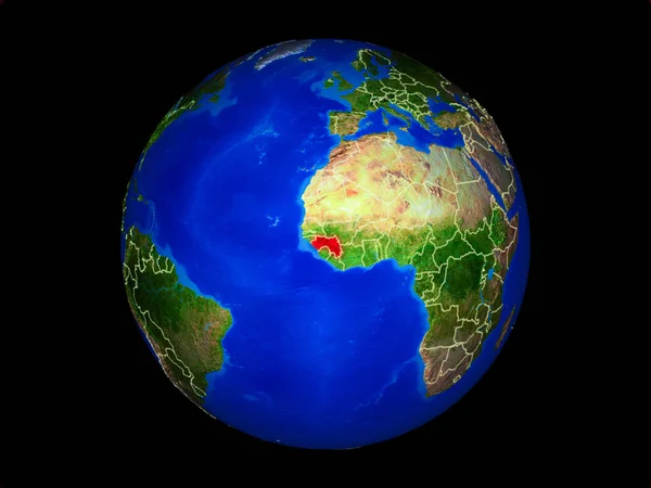 Guinea on planet planet Earth with country borders. Extremely detailed planet surface. 3D illustration. Elements of this image furnished by NASA.