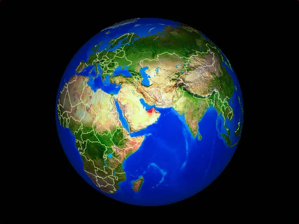 阿拉伯联合酋长国在行星地球上的国家边界 非常详细的行星表面 这张图片的元素由美国宇航局提供 — 图库照片