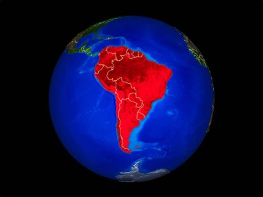 Güney Amerika gezegengezegeni Dünya ülke sınırları ile. Son derece detaylı gezegen yüzeyi. 3d illüstrasyon. Nasa tarafından döşenmiş bu görüntünün elemanları.