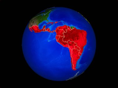 Latin Amerika ülke sınırları ile gezegen dünya üzerinde. Son derece detaylı gezegen yüzeyi. 3d illüstrasyon. Nasa tarafından döşenmiş bu görüntünün elemanları.