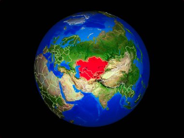 Orta Asya gezegen gezegeni Dünya'da ülke sınırları ile. Son derece detaylı gezegen yüzeyi. 3d illüstrasyon. Nasa tarafından döşenmiş bu görüntünün elemanları.