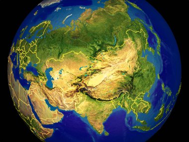 Dünya'da ülke sınırları olan uzaydan Asya. Plastik gezegen yüzeyinin ve mavi okyanusların çok ince detayları. 3d illüstrasyon. Nasa tarafından döşenmiş bu görüntünün elemanları.