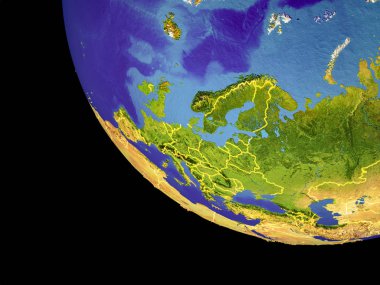Ülke sınırları ile Dünya'da uzaydan Avrupa. Çok detaylı plastik gezegen yüzeyi ve dalgalar ve dalgalar ile mavi okyanuslar. 3d illüstrasyon. Nasa tarafından döşenmiş bu görüntünün elemanları.