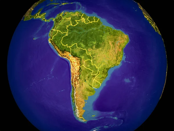 Dél Amerikában Világűrből Föld Országhatárokat Nagyon Finom Részleteket Műanyag Bolygó — Stock Fotó