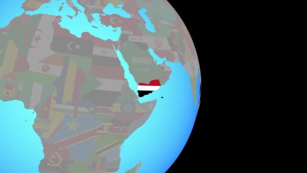 Zoom to Yemen with flag on globe — 비디오