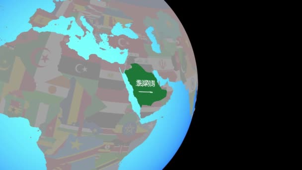 Zoom vers l'Arabie Saoudite avec drapeau sur le globe — Video