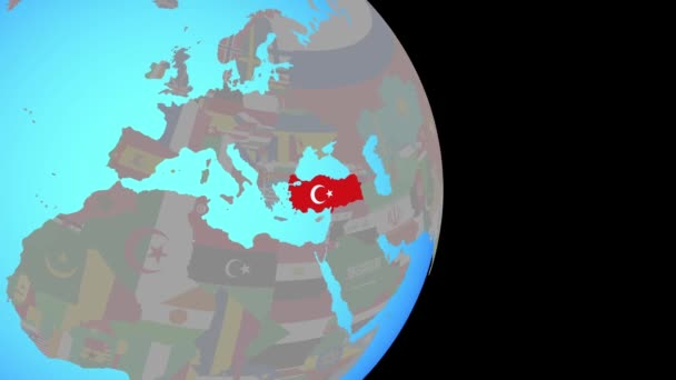 Zoom para a Turquia com bandeira no globo — Vídeo de Stock