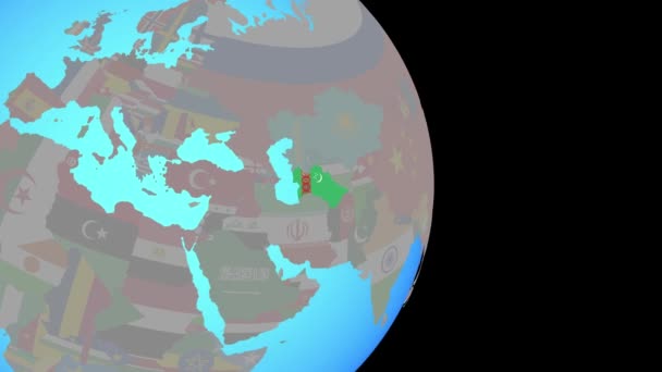 Zooma in på Turkmenistan med flagga på jorden — Stockvideo